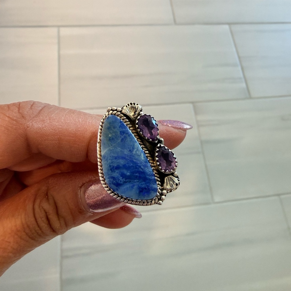 Sterling Silver Ring with Blue and Purple Stones - Adjustable (as is)